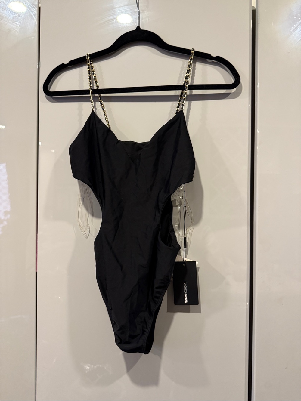 Fashion Nova Black One-Piece Swimsuit with Gold Chain Straps